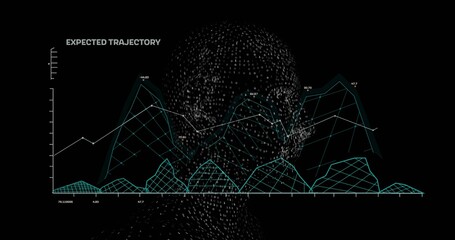 Showing 3D head over dark backdrop, with teal wireframe charts, graph and text EXPECTED TRAJECTORY