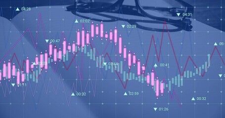 Displaying trading chart overlay showing pink candles and teal histograms on desk with eyeglasses