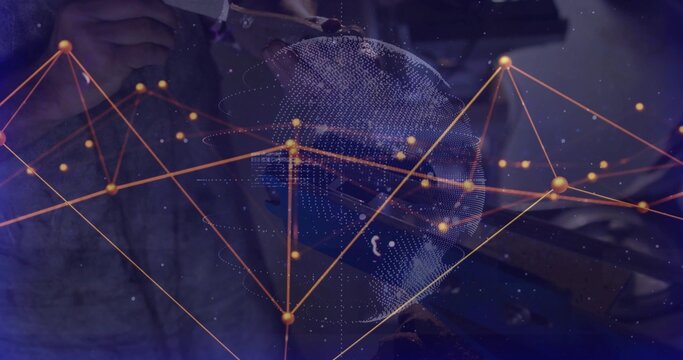Scientist in goggles sieving sample into container in lab with digital globe linking orange nodes