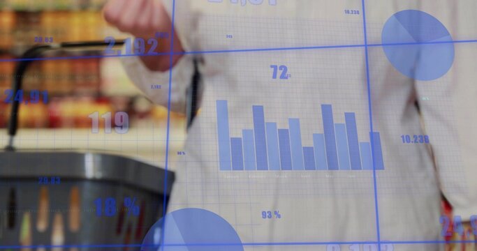 Holding black basket, studying digital overlay in supermarket aisle with bar chart and data points