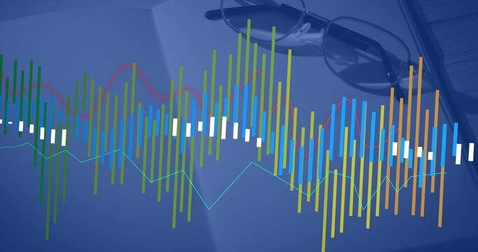 Displaying multicolored data visualization overlay on wooden desk, with open book and eyeglasses - Powered by Adobe