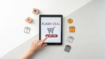 Hand Reaching for Tablet with Flash Deal Shopping Concept Displayed