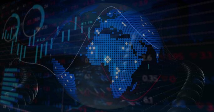 Showing pixelated globe rotating on dashboard with data points line graphs and charts