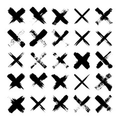 Obraz premium Grunge crosses, brush strokes, x mark, lines, ink smudges, hand-drawn scribble shapes. Handmade sketchy marks, acrylic stains, charcoal streaks. Paint textures, dry brush effect. Vector illustration