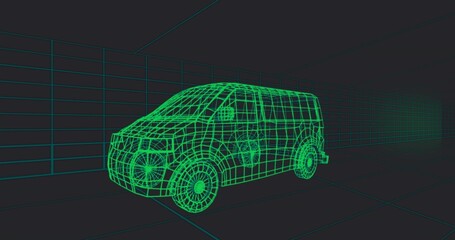 Displaying neon green wireframe van rotating in virtual 3D space, with grid line guides