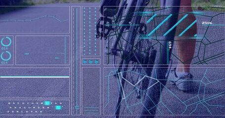 Walking mature cyclist guiding bicycle front wheel along asphalt, showing data overlays, copy space