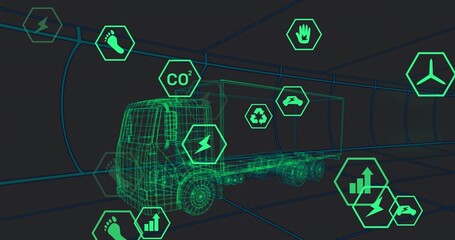 Moving wireframe semi truck and trailer navigating digital tunnel, with hex sustainability icons