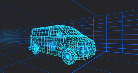 Displaying 3D wireframe minivan rotating in virtual design studio, with glowing cyan grid planes