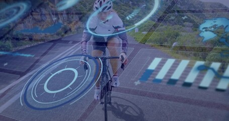 Fototapeta premium Riding female cyclist pedaling road bike wearing helmet along mountain road with blue HUD overlays