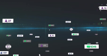 Displaying green bubble 8348 on dashboard purple followers blue likes glowing bar, copy space