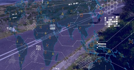 Female cyclist riding bike wearing helmet, backpack on rural road with digital overlay, copy space