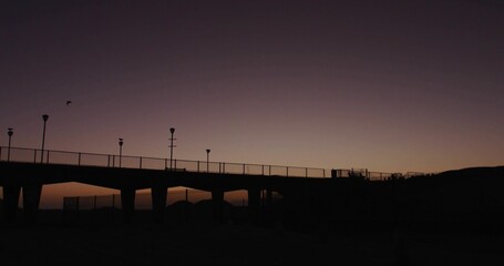 Displaying pier silhouette stretching across coastal horizon, with lampposts, railings, flying bird