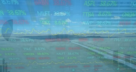 Displaying airplane wing through window above runway, showing yellow line graph and percent tickers