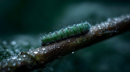 Naklejka premium A fuzzy green caterpillar adorned with dew drops inches along a wet branch in soft natural light