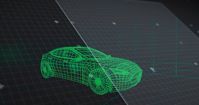 Fototapeta Showing green wireframe car rotating over grid featuring perspective lines and clear diagonal plane