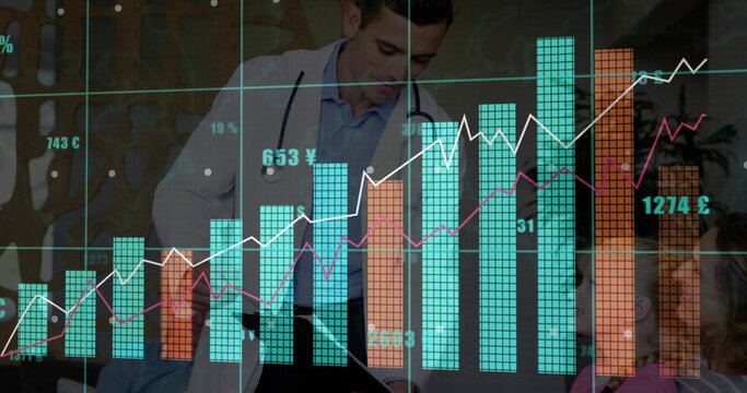 Physician consulting patients in consultation room, with clipboard and overlaid financial charts - Powered by Adobe