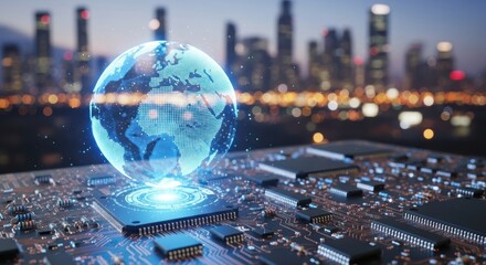 Futuristic digital globe hologram illuminates advanced circuit board against a cityscape backdrop at dusk