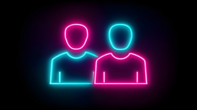 Two glowing neon silhouette icons represent human users standing side by side against a dark backdrop