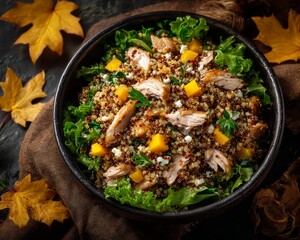 Topdown view of roasted turkey quinoa salad, golden leaves scattered, earthy tones, healthy fall recipe concept