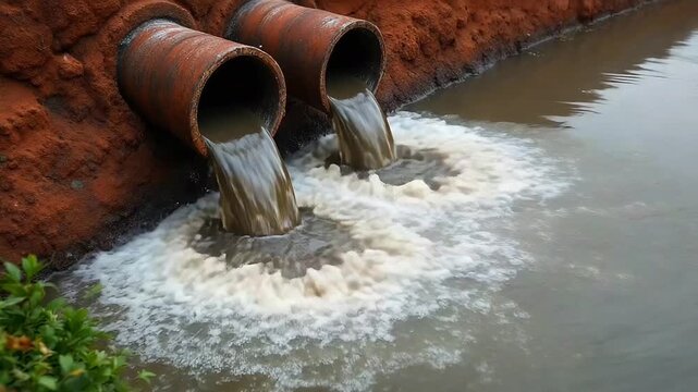 Brown pipes spew polluted water into a river, creating foam and impacting the environment
