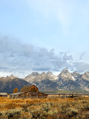 T.A. Moulton barn in Grand Teton National Park with Grand Teton and the snowcapped mountains of the Teton Range 