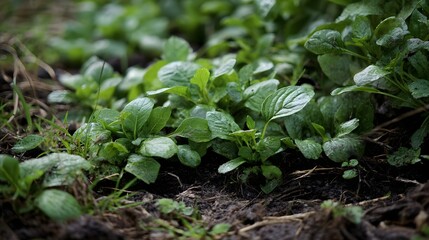 Obraz premium Close up of young green seedlings with fresh leaves emerging from moist soil in a garden