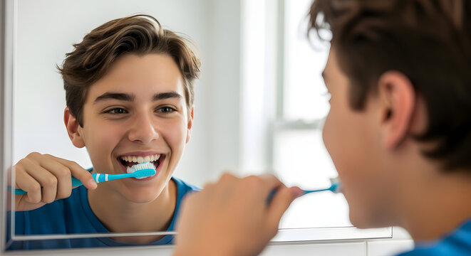 Teen Brushing Teeth Smiling in Mirror
