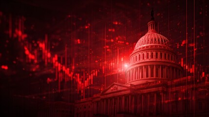 Imposing government building facade overlaid with dramatic downward trending financial data visualization