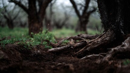 Gnarled tree roots emerge from dark earthy soil in a natural forest setting