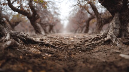 Fototapeta premium Gnarled tree roots emerge from the earthy ground in a neglected orchard setting