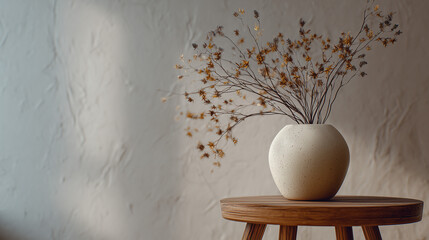 Dried floral arrangement in a white vase on a wooden table against a textured wall background
