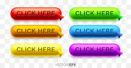 Vibrant 3D Click Here buttons with mouse cursors. A set of colorful interactive web elements.