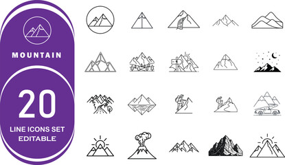 20 Mountain Line Icons Set – Editable Vector Collection of Nature, Landscape, Hiking, Adventure, Peaks, Volcano, Sunrise, and Outdoor Exploration Concepts in Minimal Outline Style