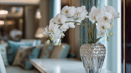 A close up of a crystal vase with white orchids sitting on a white table in a living room setting