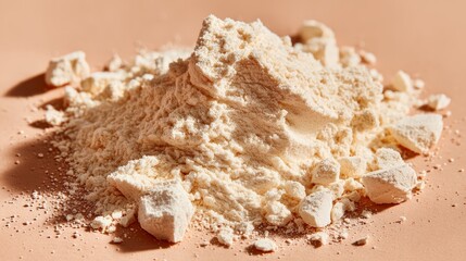 Detailed macro of protein powder crystals, watercolor wash in warm beige and cream, airy background, health supplement concept