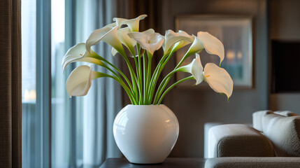 A white vase filled with calla lilies sits on a table near a window in a modern living room setting