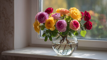 Colorful roses in a glass vase sitting on a windowsill with a blurred background and natural light