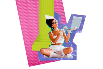 Photo cartoon comics sketch collage of happy glamour girl countess freelancer hold laptop sit castle home column remote device