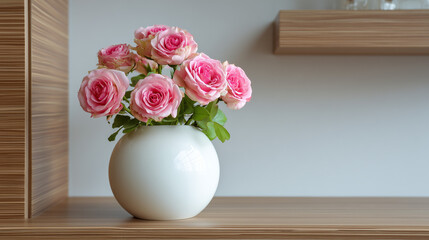 Bouquet of pink roses in a white round vase on a wooden shelf against a neutral colored wall scene