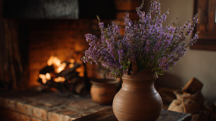 Lavender in a vase on a table with a fireplace in the background creating a cozy atmosphere indoors