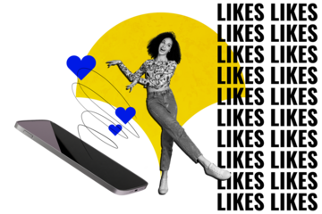 Composite photo collage of happy girl dance phone device heart notification like reaction blogging concept isolated on painted background