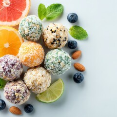 Colorful arrangement of highprotein snack bites for kids and adults, clean white background, vibrant fresh ingredients, healthy eating concept
