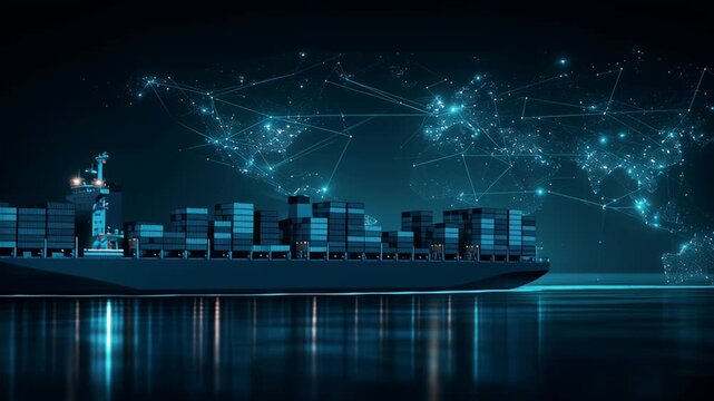 Futuristic cargo ship navigating global trade routes with digital connections in dark blue backdrop