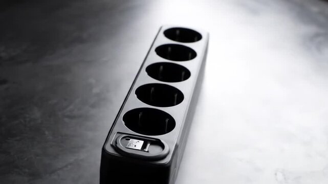 Black extension cord on dark with textured surface.