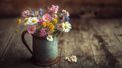 Assorted wildflowers in a vintage metal pitcher on a rustic wooden surface with soft lighting effect