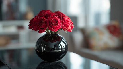 Arrangement of red roses in a black spherical vase on a dark surface in a bright interior setting