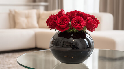 Red roses in a black vase on a glass table with a white sofa in the background in a bright room