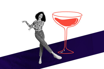 Trend artwork composite banner 3D photo collage of friday glass celebrate beverage chill african race young lady party holidddday dance
