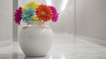 Colorful gerbera daisies in a white vase on a marble surface in a brightly lit modern room