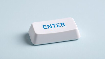 A close-up image of a white computer keyboard key labeled "ENTER," set against a soft blue background.